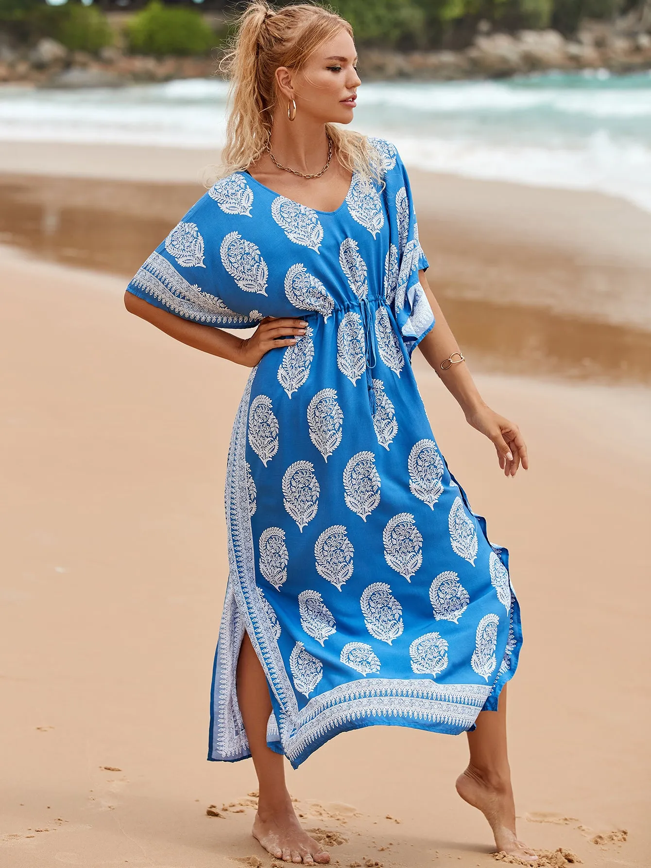 V-Neck Plus Size Caftan Swimsuit Cover Up with Side Split