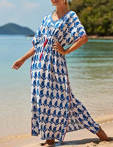 V-Neck Plus Size Caftan Swimsuit Cover Up with Side Split