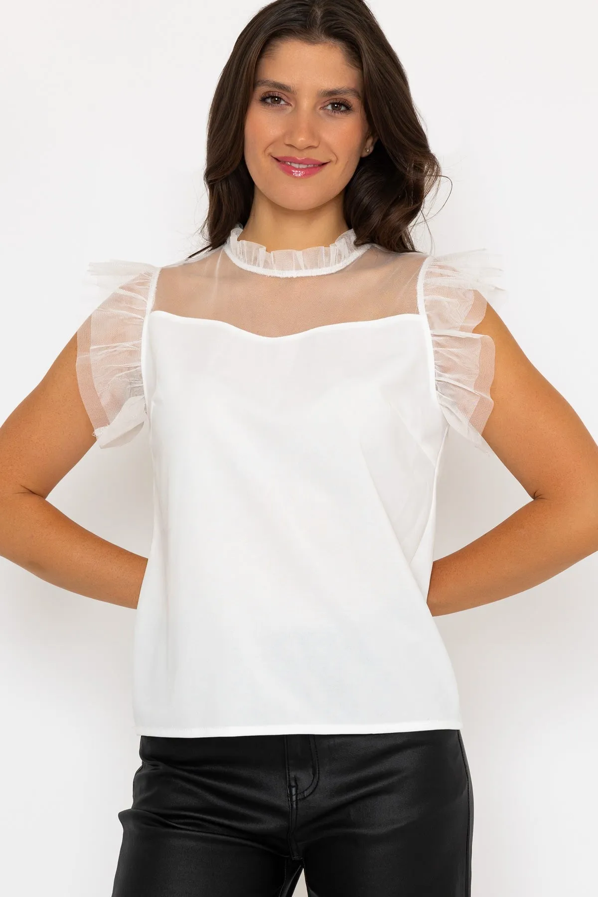 White Mesh Frill Sleeveless Top