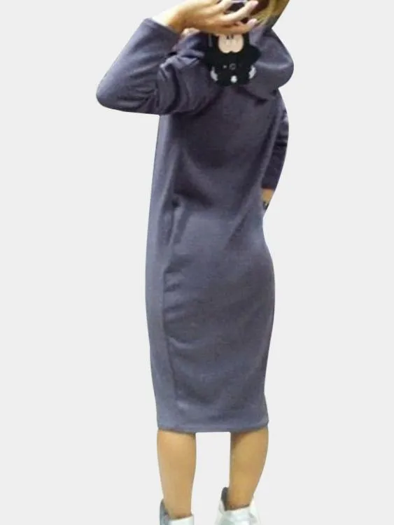 Wholesale Long Sleeve Hooded Grey Midi Dress