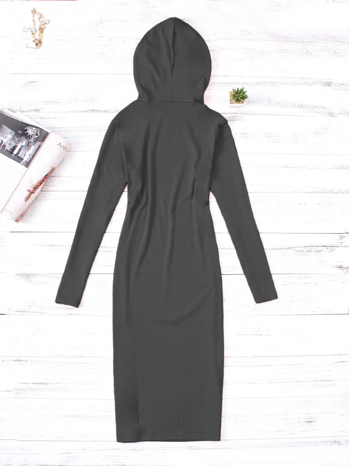 Wholesale Long Sleeve Hooded Grey Midi Dress