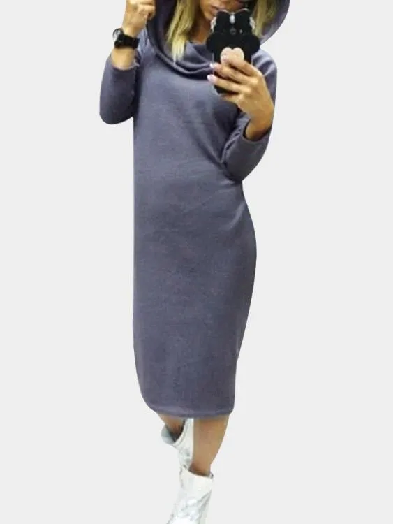 Wholesale Long Sleeve Hooded Grey Midi Dress