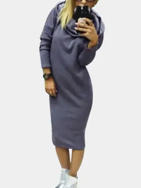 Wholesale Long Sleeve Hooded Grey Midi Dress