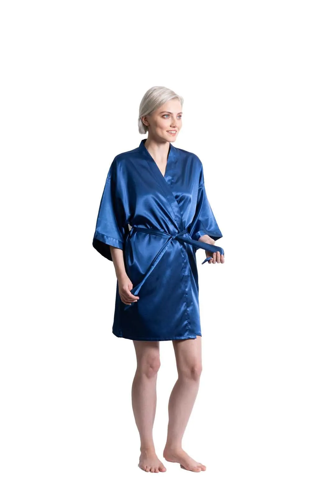 Woman’s Satin Kimono Short Robe, Luxury & Lightweight, Comfortable Robe, (Navy Blue)