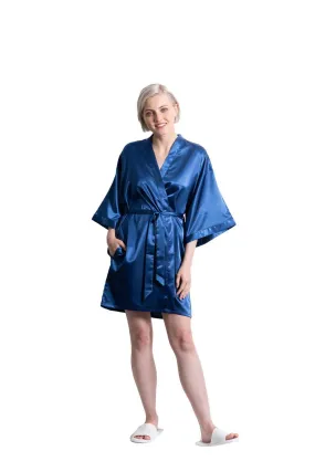 Woman’s Satin Kimono Short Robe, Luxury & Lightweight, Comfortable Robe, (Navy Blue)