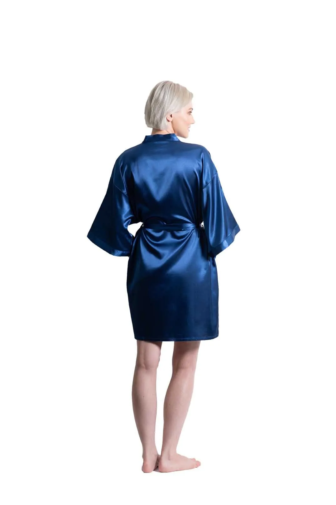 Woman’s Satin Kimono Short Robe, Luxury & Lightweight, Comfortable Robe, (Navy Blue)