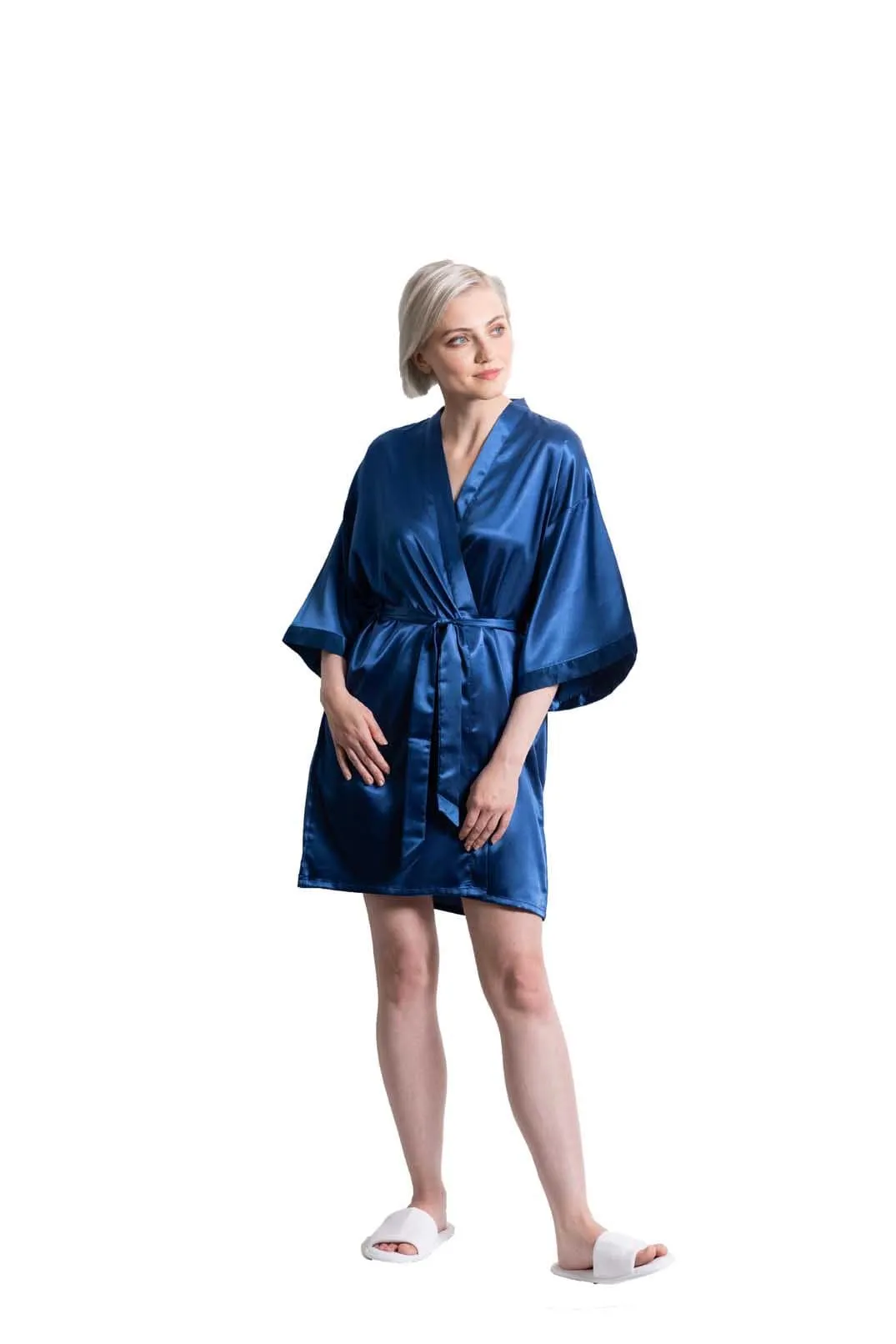 Woman’s Satin Kimono Short Robe, Luxury & Lightweight, Comfortable Robe, (Navy Blue)