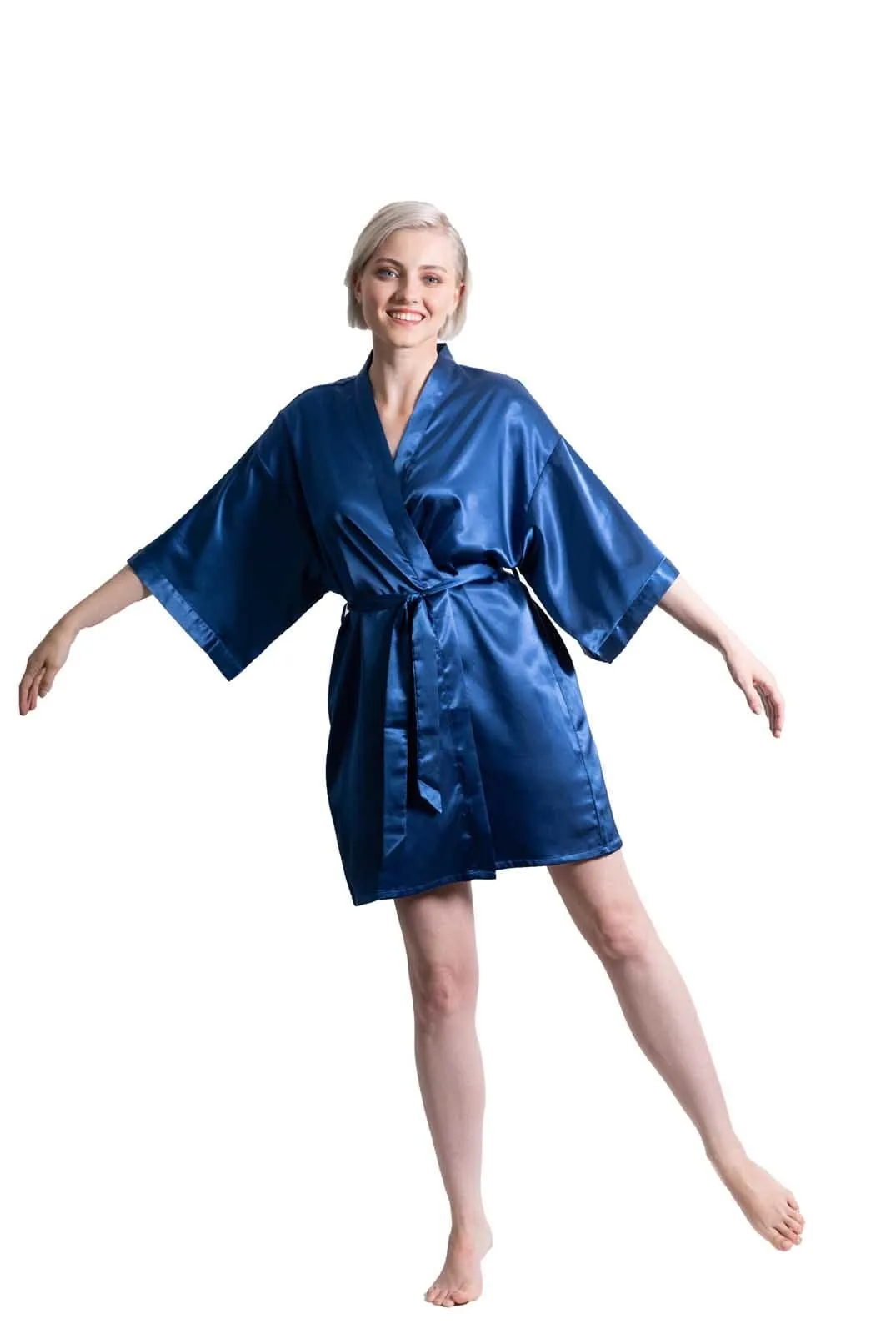 Woman’s Satin Kimono Short Robe, Luxury & Lightweight, Comfortable Robe, (Navy Blue)