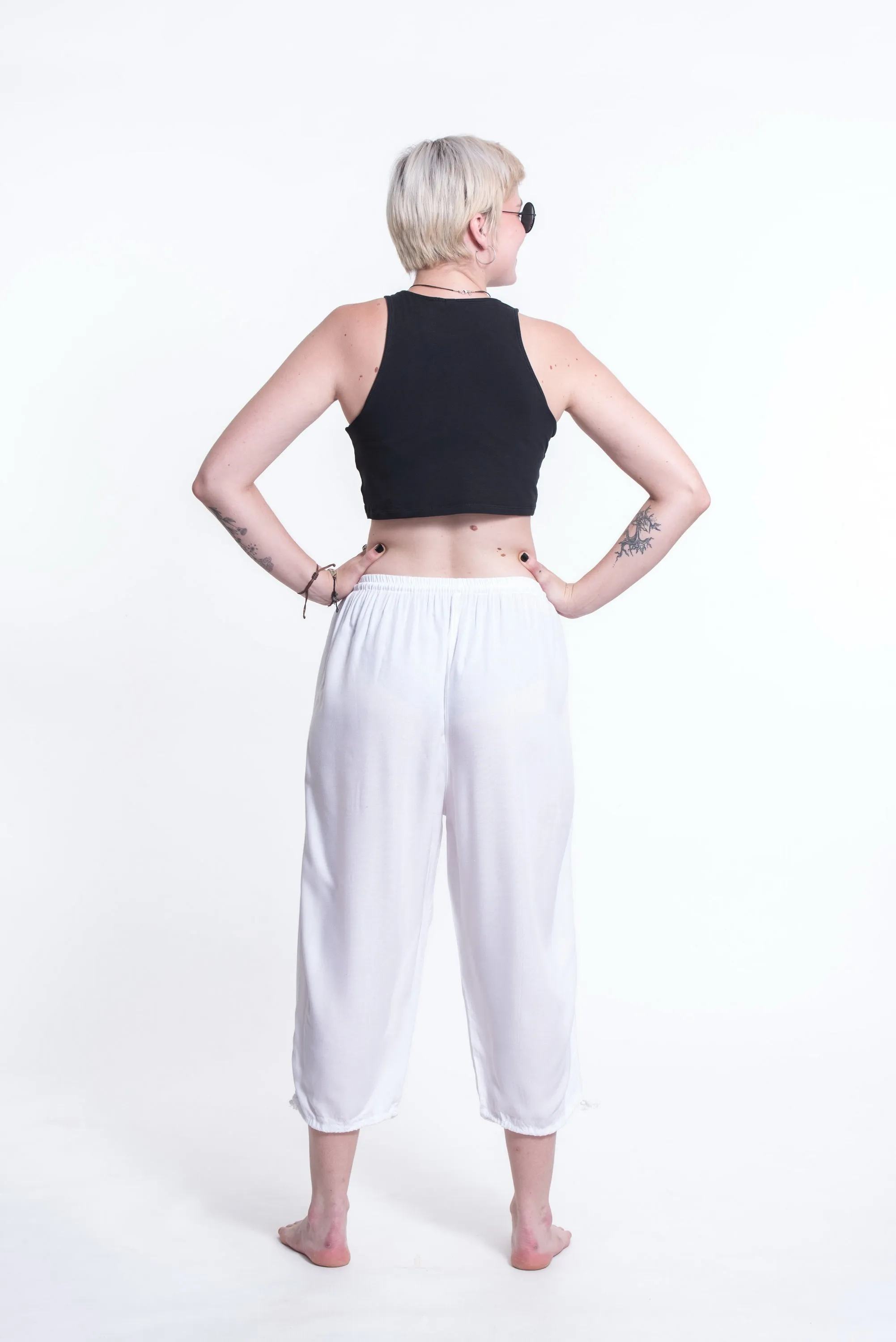 Womens Solid Color Drawstring Cropped Pants in White