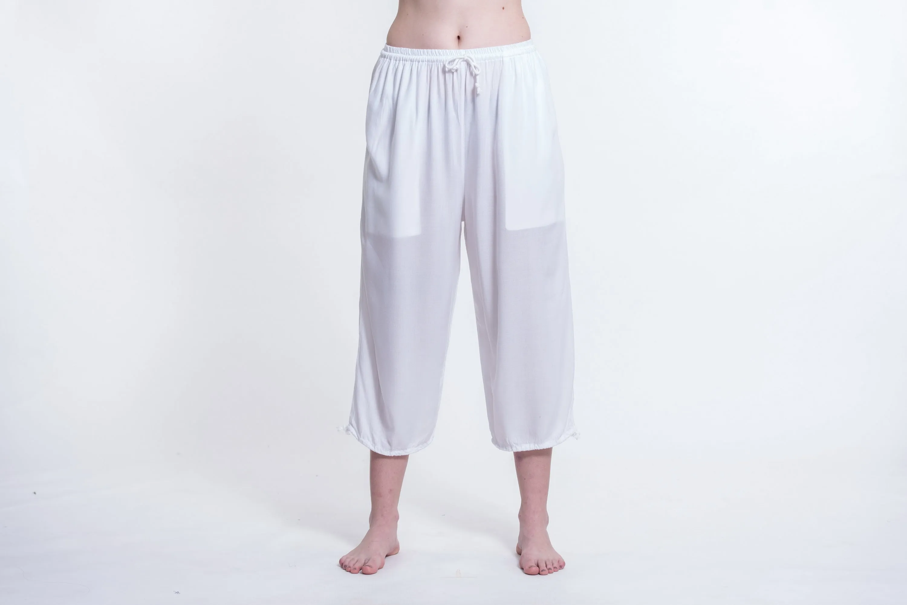 Womens Solid Color Drawstring Cropped Pants in White