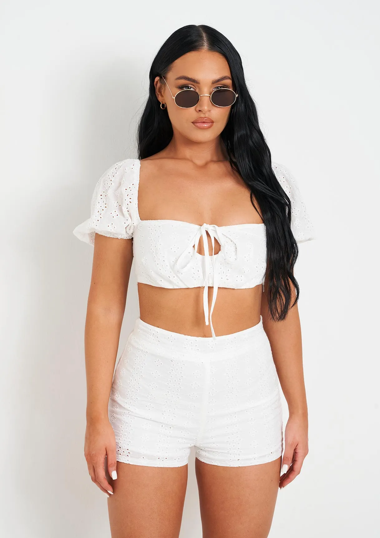 Zaria White Broidery Matching High Waisted Shorts