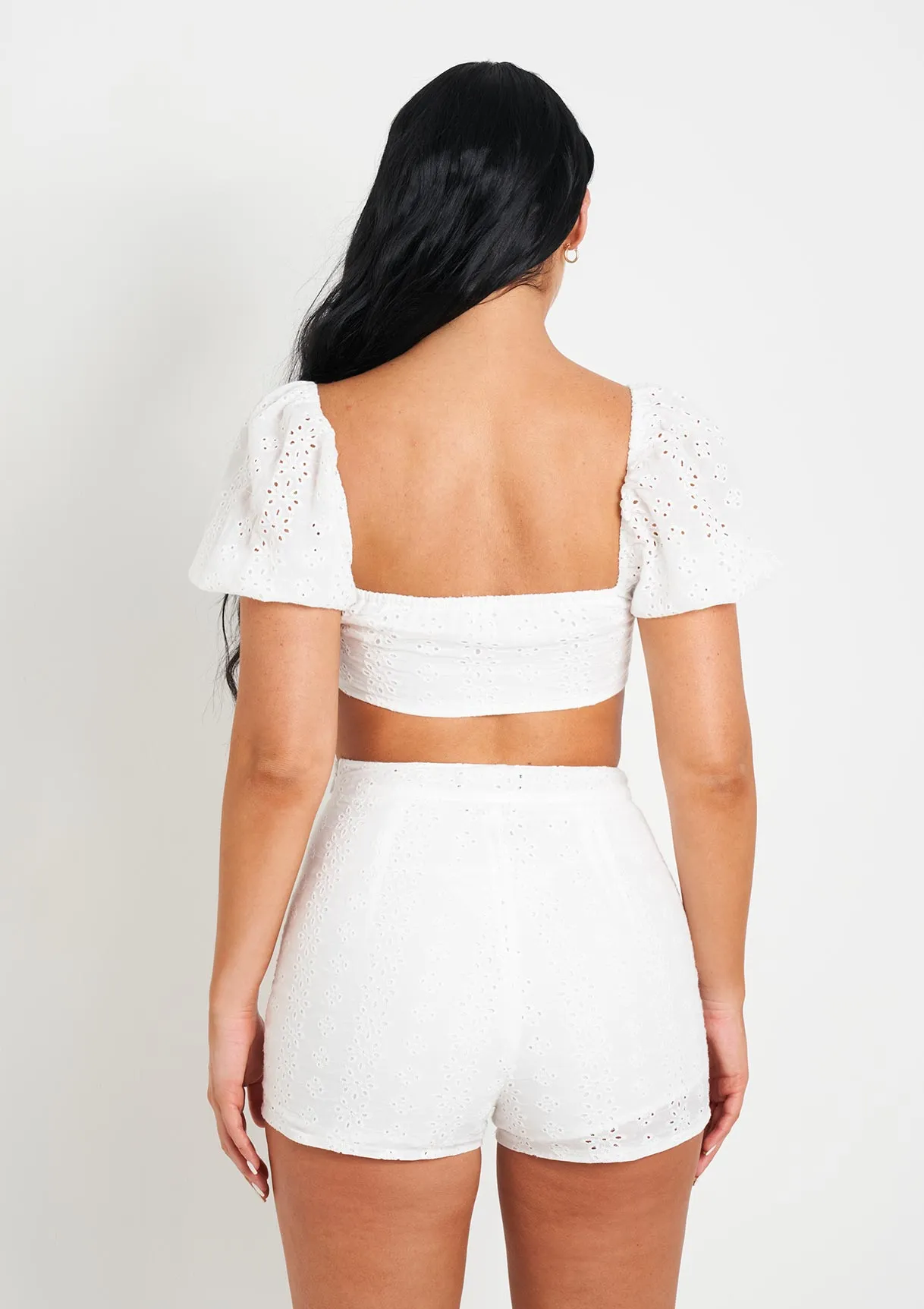 Zaria White Broidery Matching High Waisted Shorts